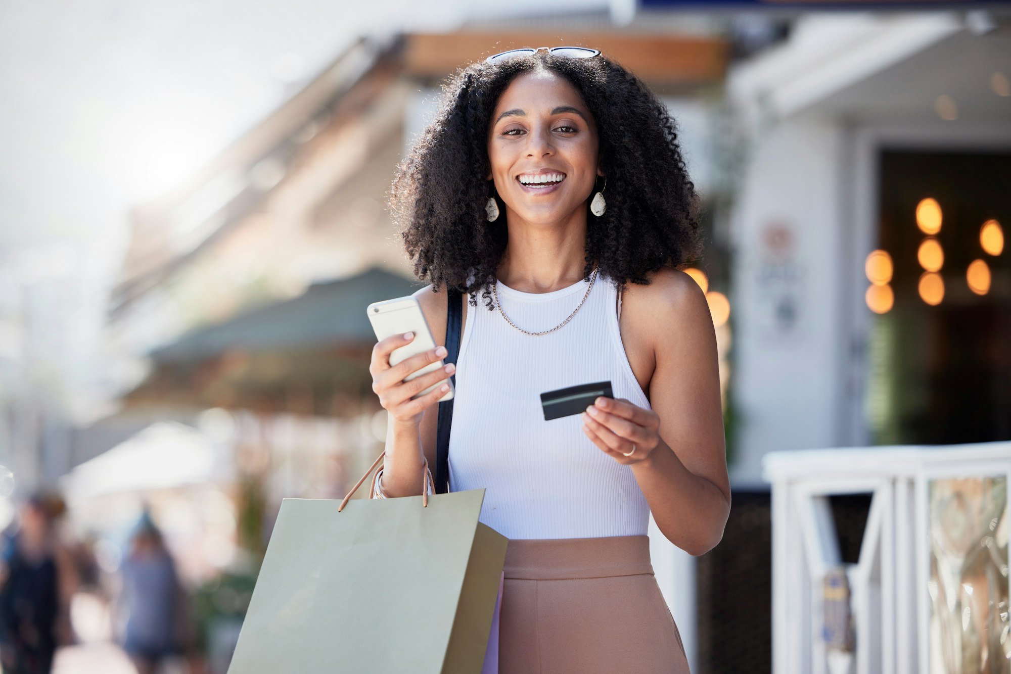 Credit card, shopping and portrait of woman with phone for ecommerce, information or subscription.